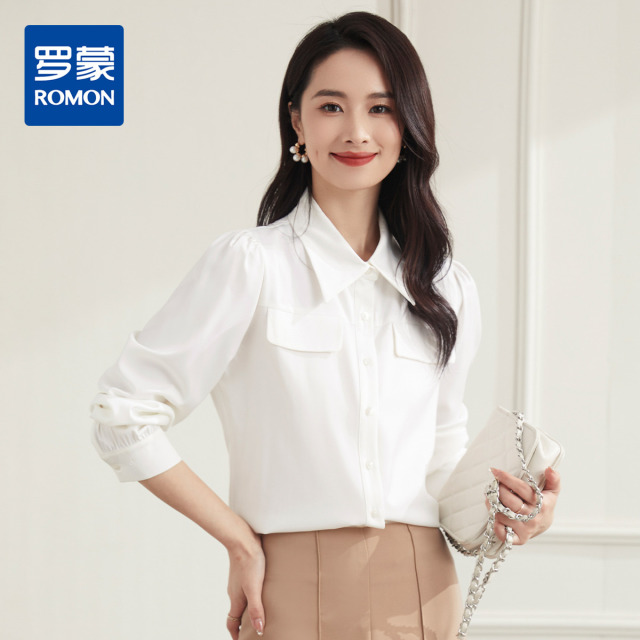 9997565.罗蒙春秋款女假口袋长袖衬衫日常休闲百搭通勤衬衣女