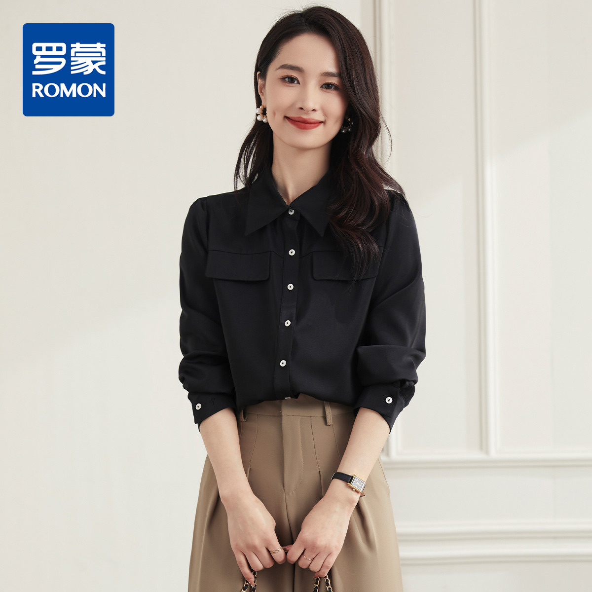 9997565.罗蒙春秋款女假口袋长袖衬衫日常休闲百搭通勤衬衣女