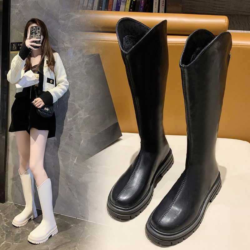 9991049.FANDEI长筒靴女V口不过膝2023年新款韩版百搭后拉链弹力中筒靴子马丁靴(拍大一码)