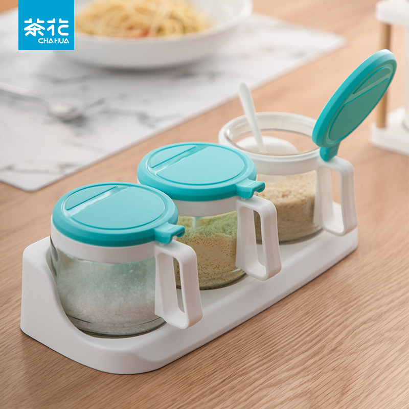 12293303.茶花调料盒带盖厨房玻璃盐罐味精油醋瓶家用调味罐