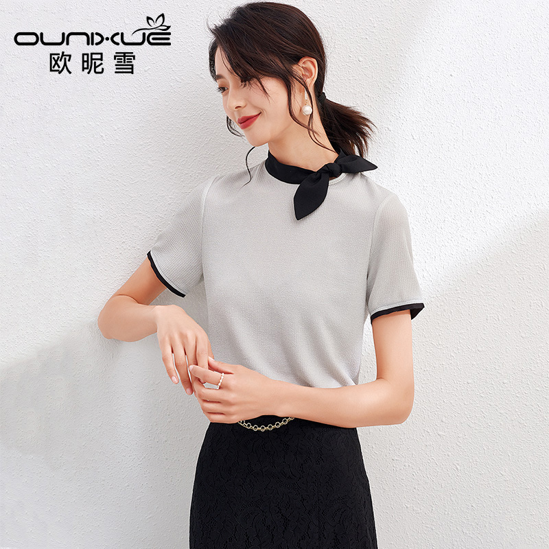 6146157.欧昵雪夏季女装新款上衣甜美可爱蝴蝶结小衫韩版休闲立领女士短袖t恤