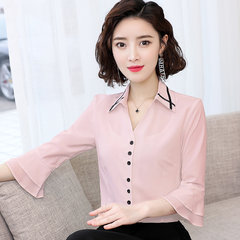 6220634.7-CY夏季新款休闲喇叭袖翻领百搭雪纺衬衫女半袖打底衫【7-CY女装XJ】