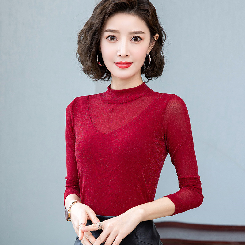 6825735.季婕秋冬新款品质休闲百搭亮丝T恤弹力镂空打底衫【季婕女装1】