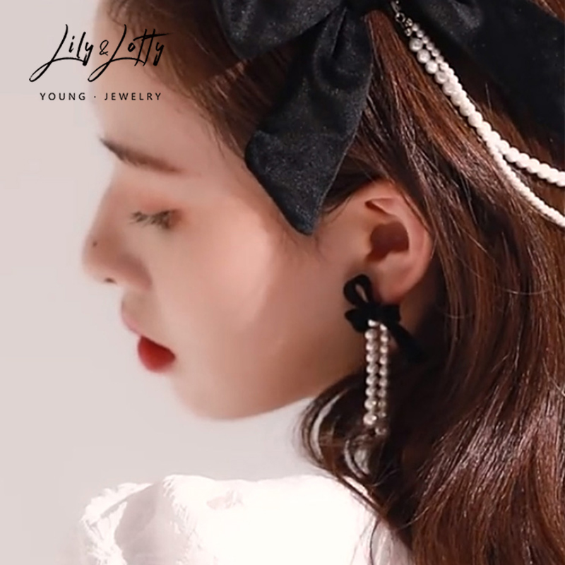 6906358.黑色绒面蝴蝶结珍珠吊坠日韩少女蝴蝶结流苏设计耳环耳饰