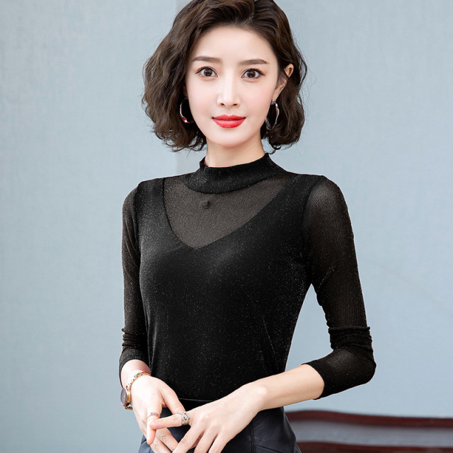 6825735.季婕秋冬新款品质休闲百搭亮丝T恤弹力镂空打底衫【季婕女装1】