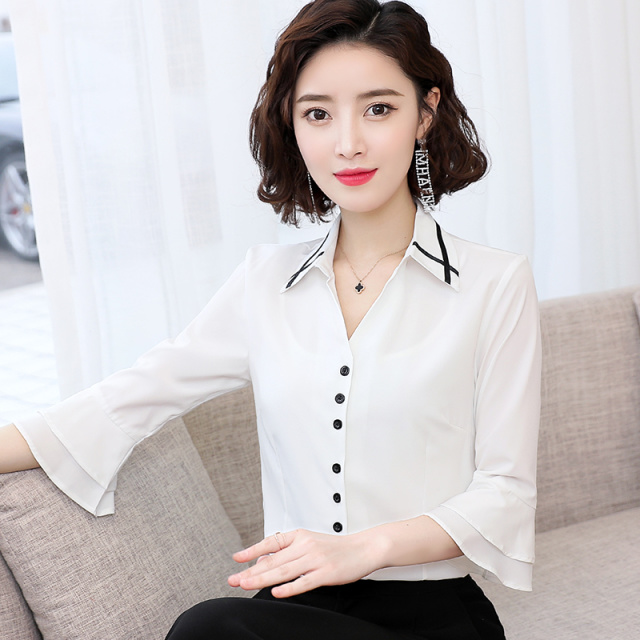 6220634.7-CY夏季新款休闲喇叭袖翻领百搭雪纺衬衫女半袖打底衫【7-CY女装XJ】