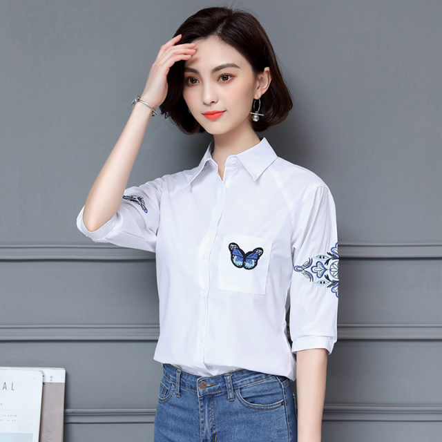6220633.7-CY夏季新款品质休闲刺绣短袖条纹衬衫女翻领百搭打底衫【7-CY女装XJ】