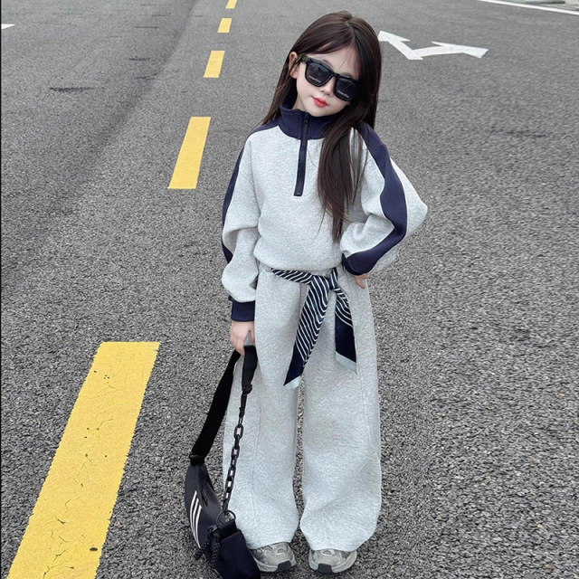 13191818.女童休闲拼接女孩卫衣套装2026春秋新款洋气中大童运动穿搭两件套