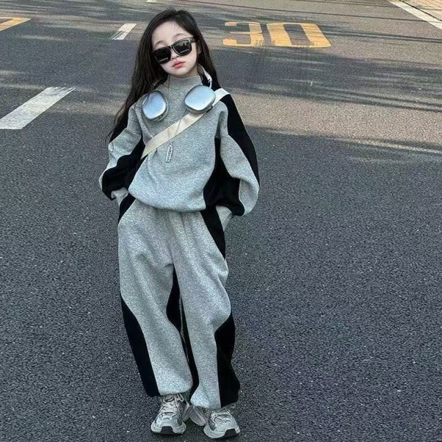 13190178.儿童韩版长裤2026新款拼色中大童两件套女童休闲运动卫裤春秋时尚