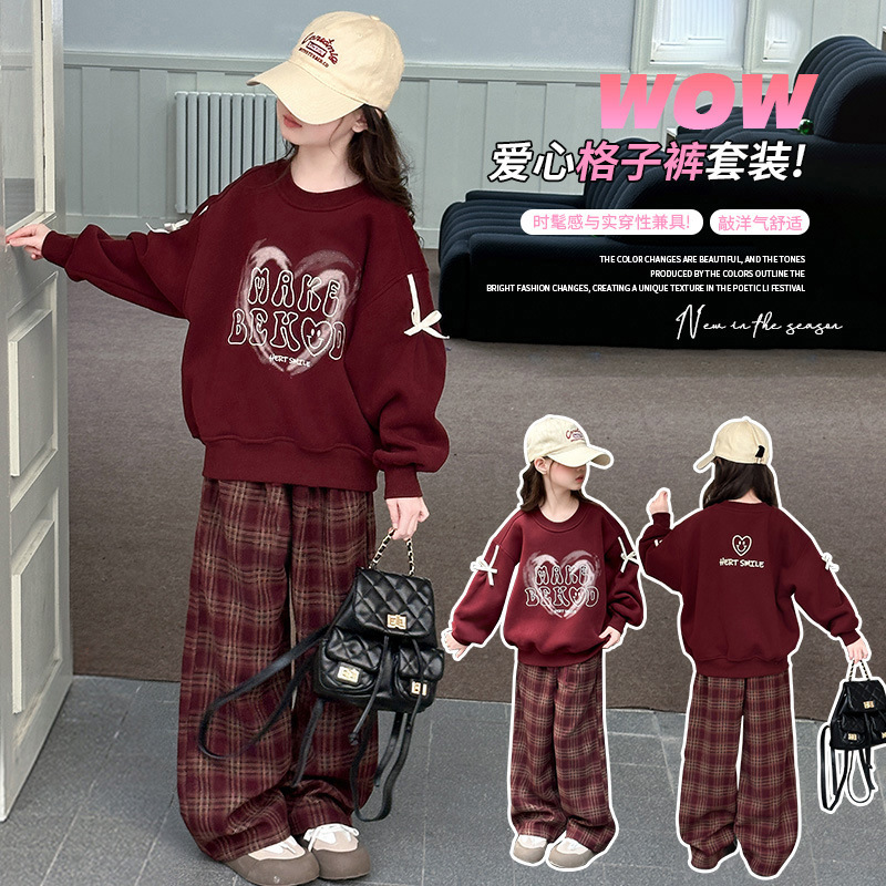 13189545.女童春秋2026新款红色卫衣洋气休闲格子裤套装女孩宽松上衣两件套