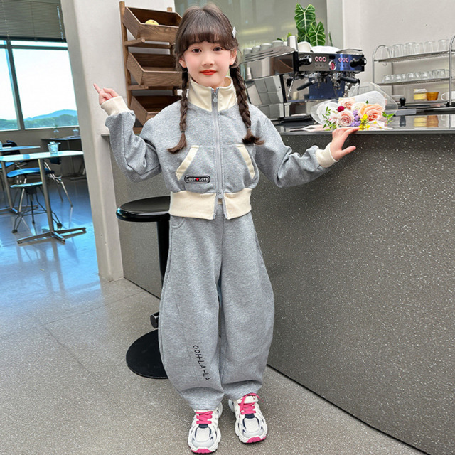 13189465.女童秋季开衫两件套2026新款百搭洋气立领小外套宽松春秋套装秋装