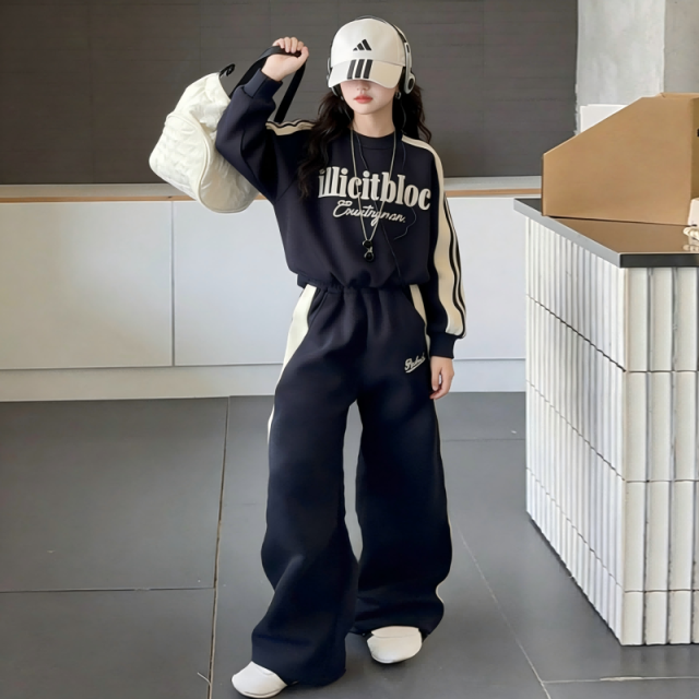 13191281.2026女童休闲运动套装女孩时髦春秋长裤两件套中大童阔腿裤卫衣潮
