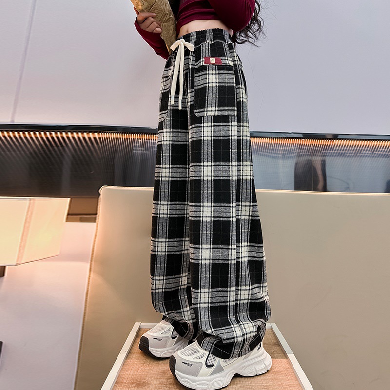 13200088.2026春秋季新款儿童时尚潮范格子直筒阔腿裤中大女童宽松休闲裤