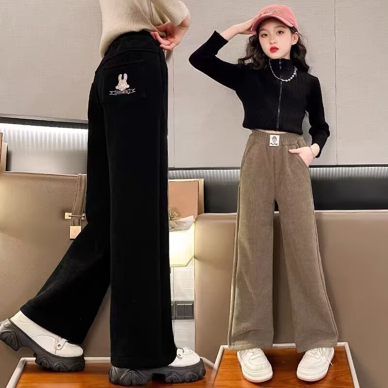 13202564.儿童灯芯绒阔腿裤春秋 女童刺绣款中大童爆款百搭长裤子