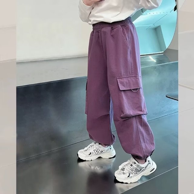 13202599.女童甜酷工装束脚裤春秋 紫色多口袋中大童爆款休闲长裤