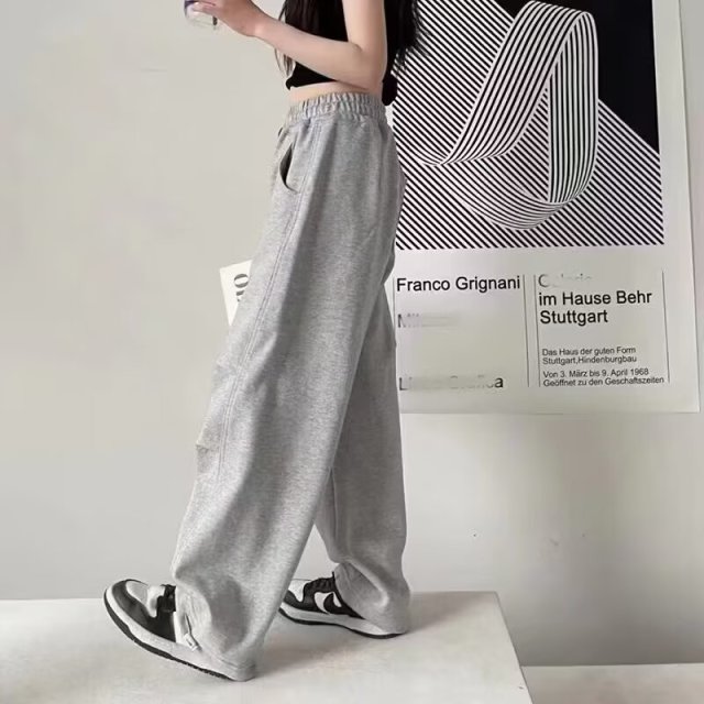 13201254.美式复古黑色工装裤春秋款裤子女 抽绳束脚阔腿裤 休闲百搭潮流长裤