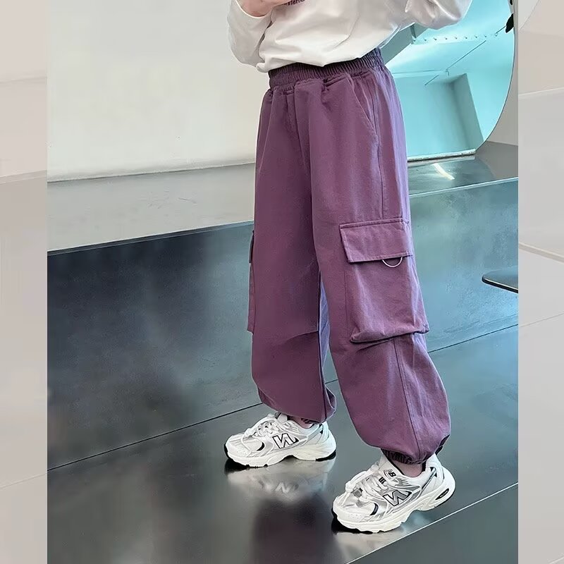 13202599.女童甜酷工装束脚裤春秋 紫色多口袋中大童爆款休闲长裤