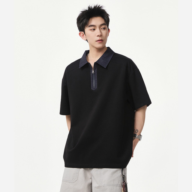 13234155.夏季撞色拉链领 POLO 衫男 宽松休闲牛仔翻领百搭短袖上衣