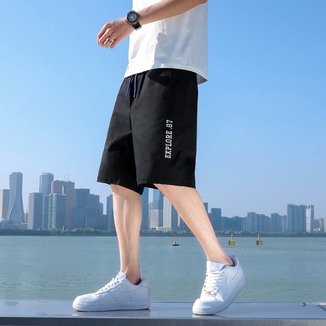 13244403.夏季纯棉五分休闲裤男 抽绳腰字母刺绣垂感顺滑百搭短裤