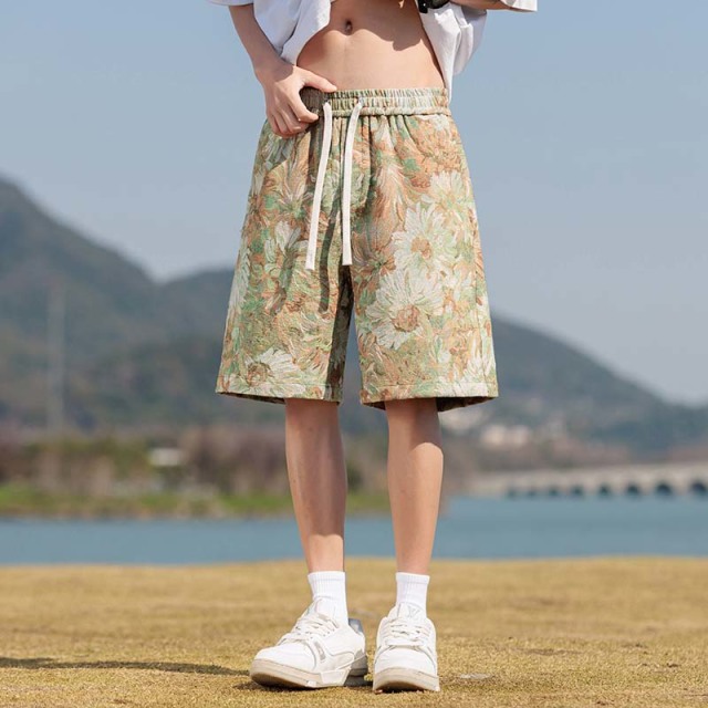 13243453.夏季莫奈花园风短裤男 抽绳腰冰感透气不挑身材休闲五分裤