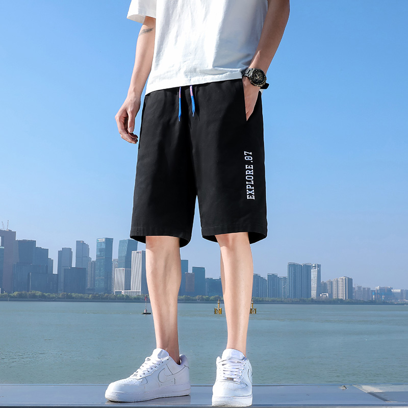 13244403.夏季纯棉五分休闲裤男 抽绳腰字母刺绣垂感顺滑百搭短裤