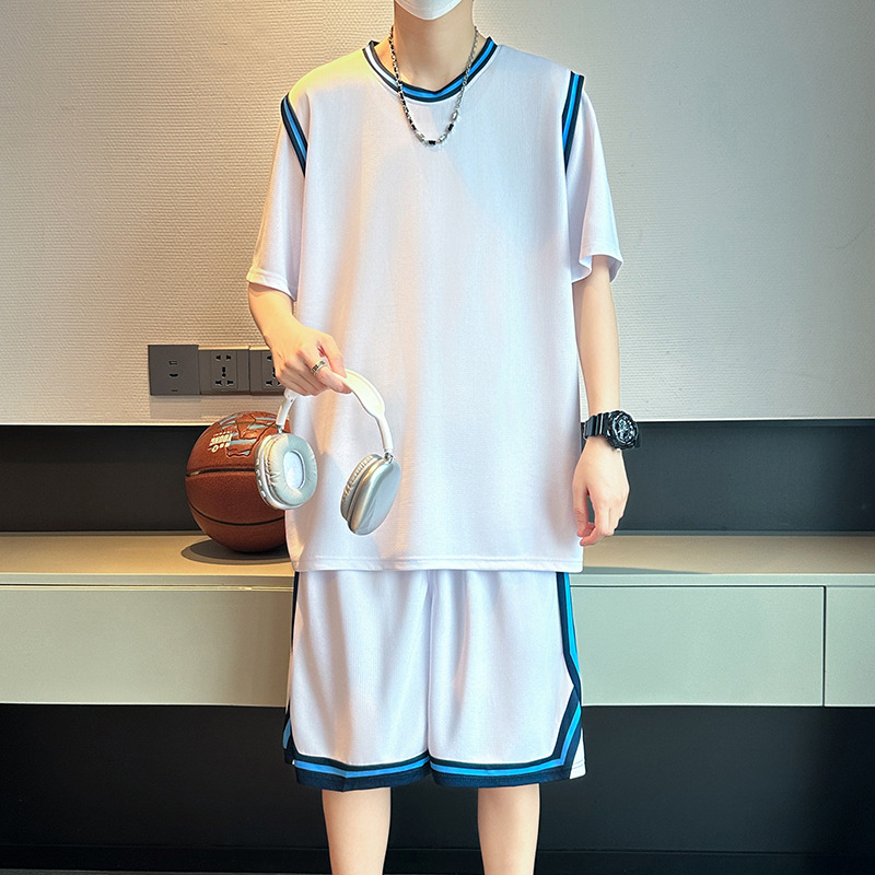 13291293.夏季透气假两件篮球服 亲肤舒适 多色可选男士休闲运动套装