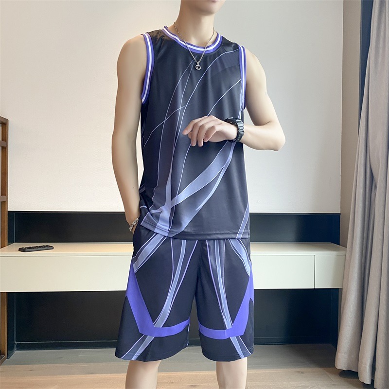 13291201.夏季渐变线条篮球服套装 冰感速干 透气网眼男士运动训练两件套