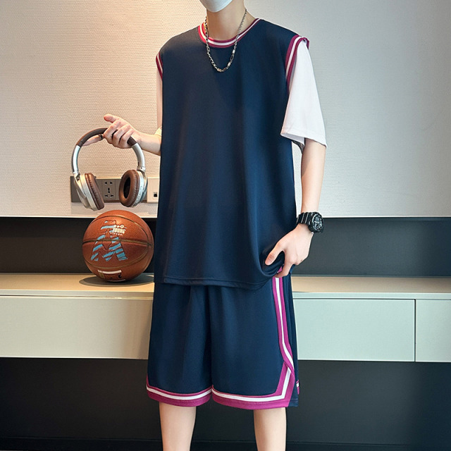 13291293.夏季透气假两件篮球服 亲肤舒适 多色可选男士休闲运动套装