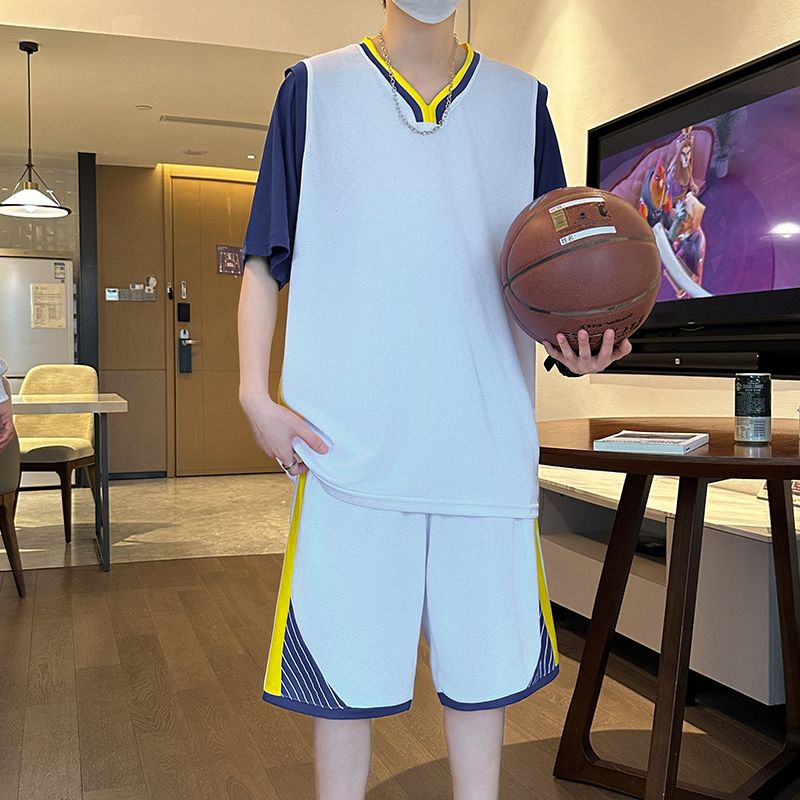13293100.夏季吸汗透气假两件篮球服 亲肤柔软 男士休闲宽松运动两件套