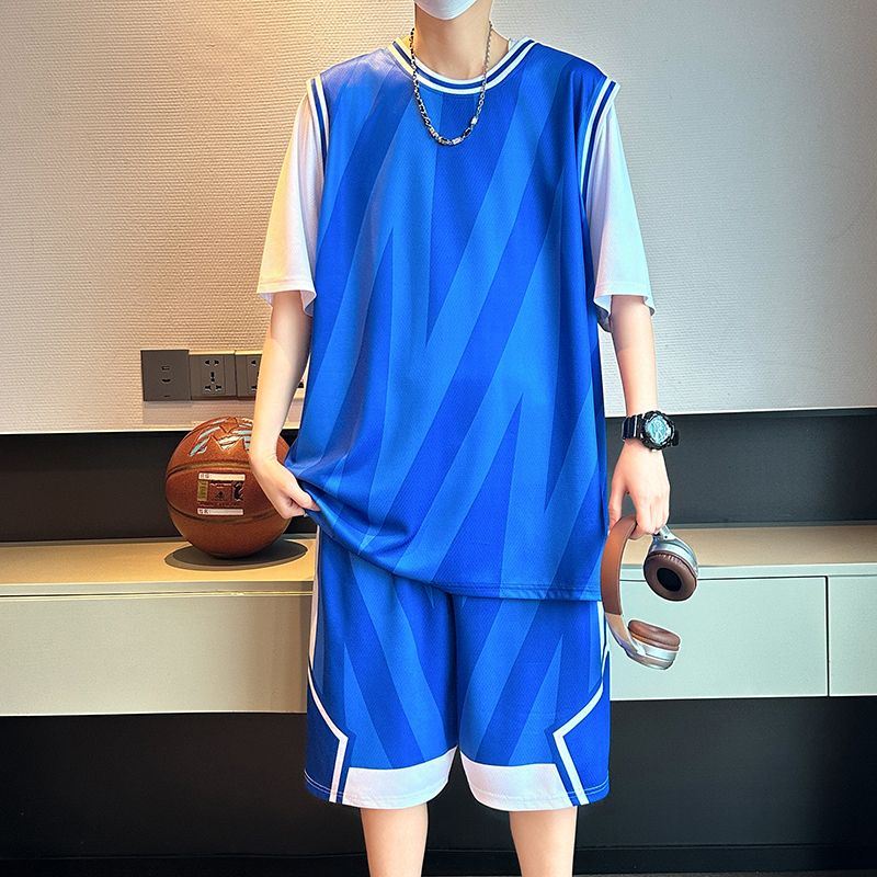 13293143.假两件条纹篮球服套装 吸汗透气亲肤 大码宽松男士运动训练两件套