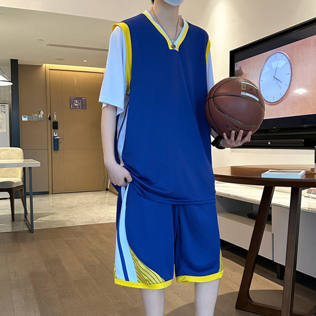 13293100.夏季吸汗透气假两件篮球服 亲肤柔软 男士休闲宽松运动两件套