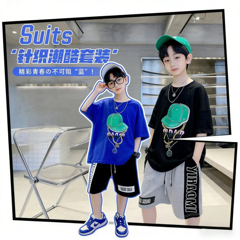 13314843.男童夏季透气套装 潮流帽子印花 T 恤 儿童百搭短裤两件套