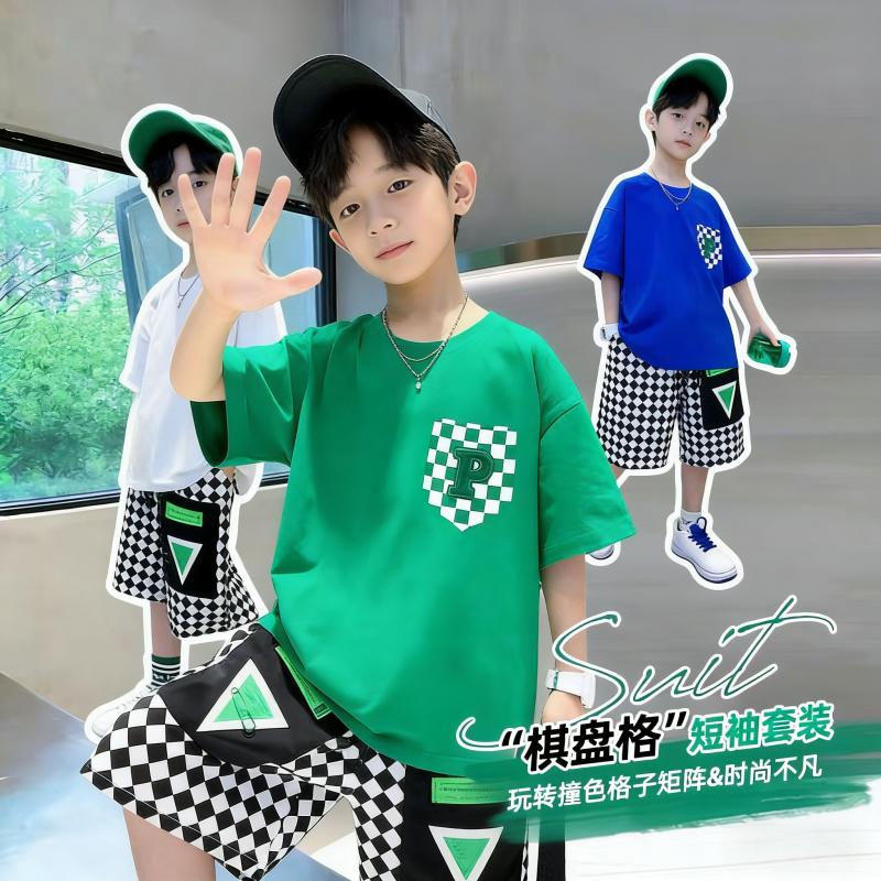 13315387.男童夏季休闲运动套装 棋盘格印花短袖 中大童洋气两件套
