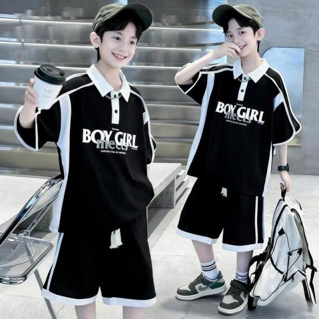 13320293.男童夏季学院风套装 黑白撞色 Polo 领短袖 + 休闲短裤两件套