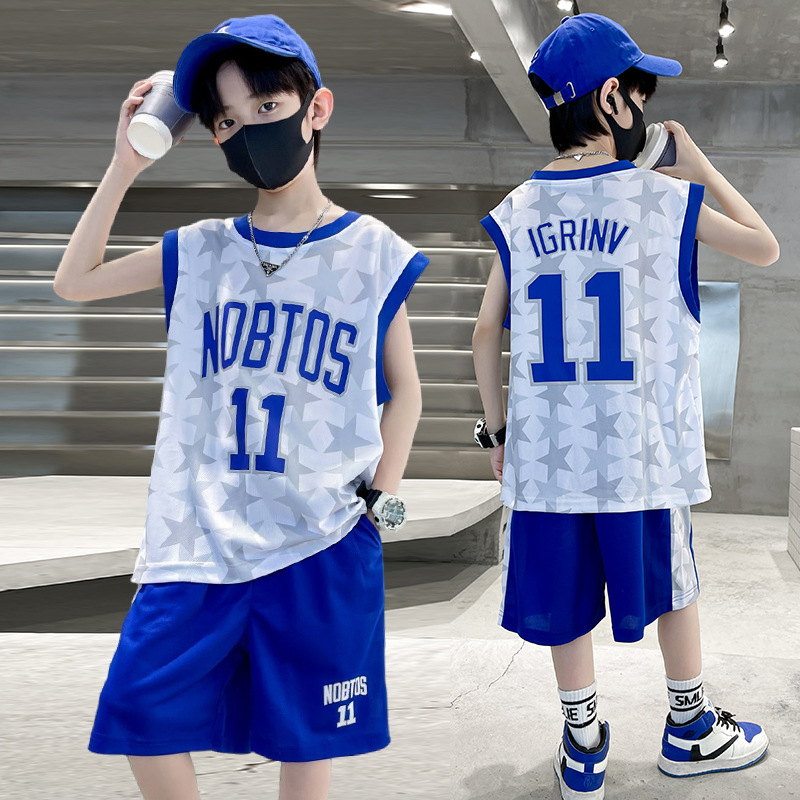 13326451.男童夏季透气篮球服套装 潮流 11 号背心 + 儿童速干短裤两件套