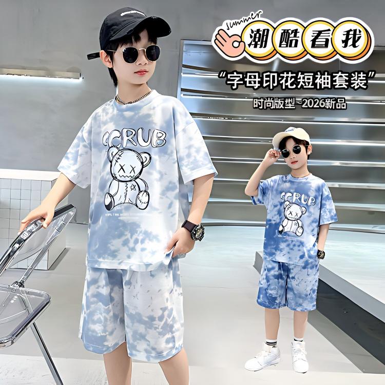 13345748.男童扎染套装夏季 2026 新款儿童短袖短裤中大童潮牌运动两件套