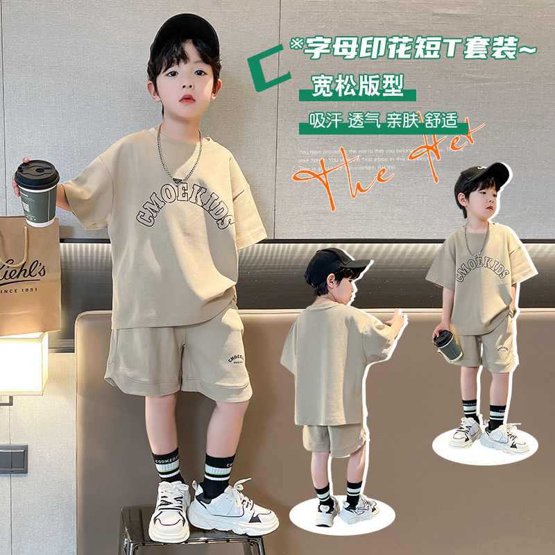 13353654.男童夏季字母印花套装 2026 新款儿童短袖短裤中大童两件套