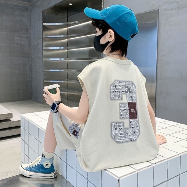 13353646.儿童无袖数字套装男童夏装 2026 新款中大童背心短裤休闲两件套