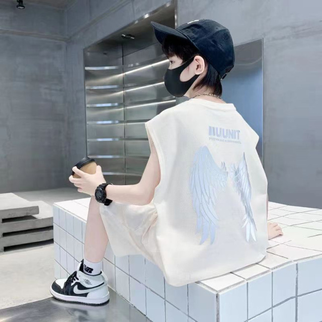 13353927.男童夏季翅膀印花无袖套装 2026 新款儿童背心短裤中大童两件套