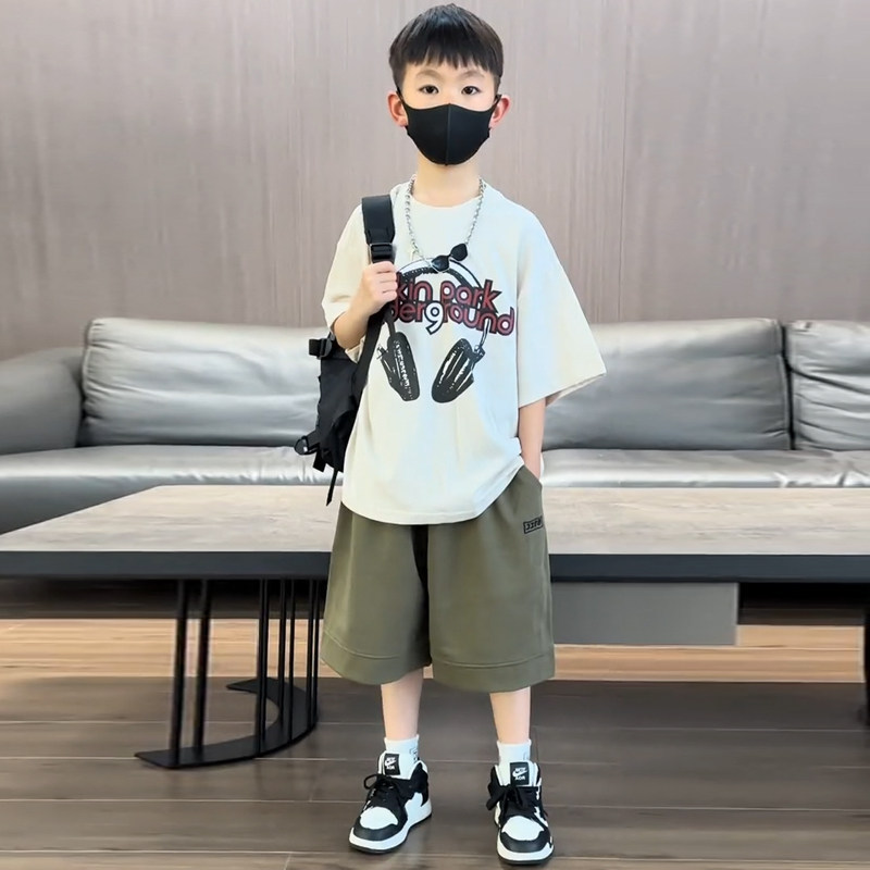 13354637.儿童字母印花套装男童夏装 2026 新款中大童休闲运动两件套