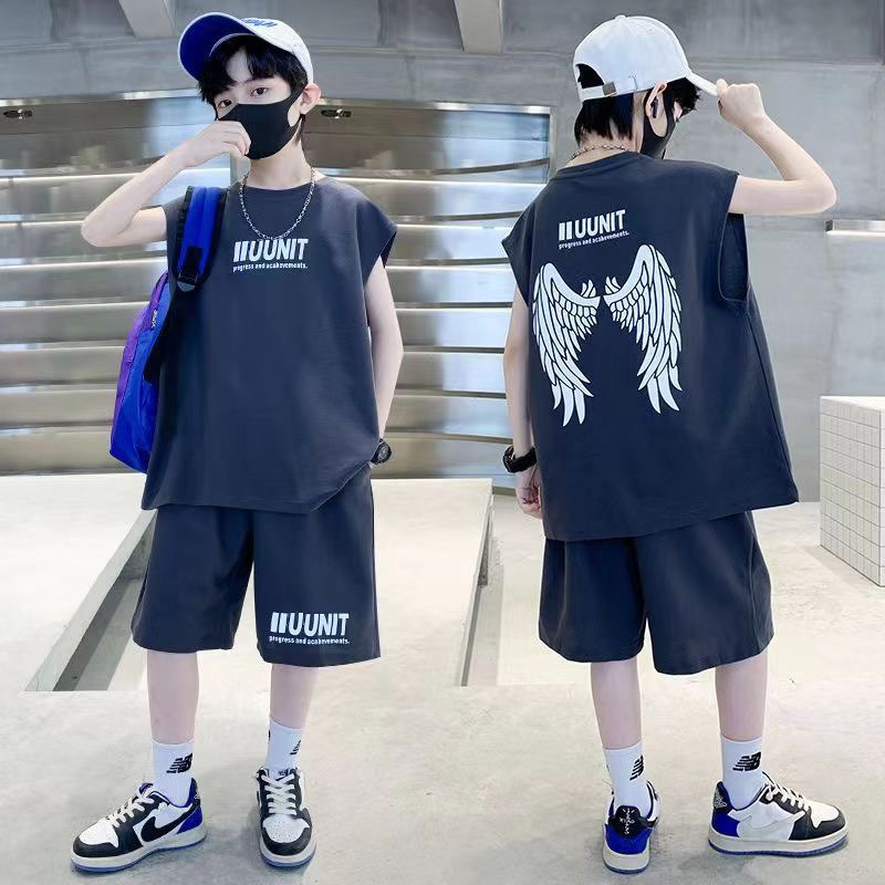 13353927.男童夏季翅膀印花无袖套装 2026 新款儿童背心短裤中大童两件套