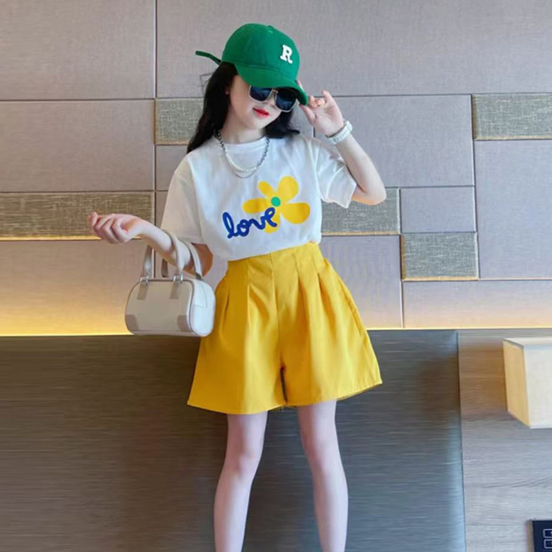 13364022.女童夏季花朵印花短袖短裤套装 2026 新款儿童休闲运动两件套