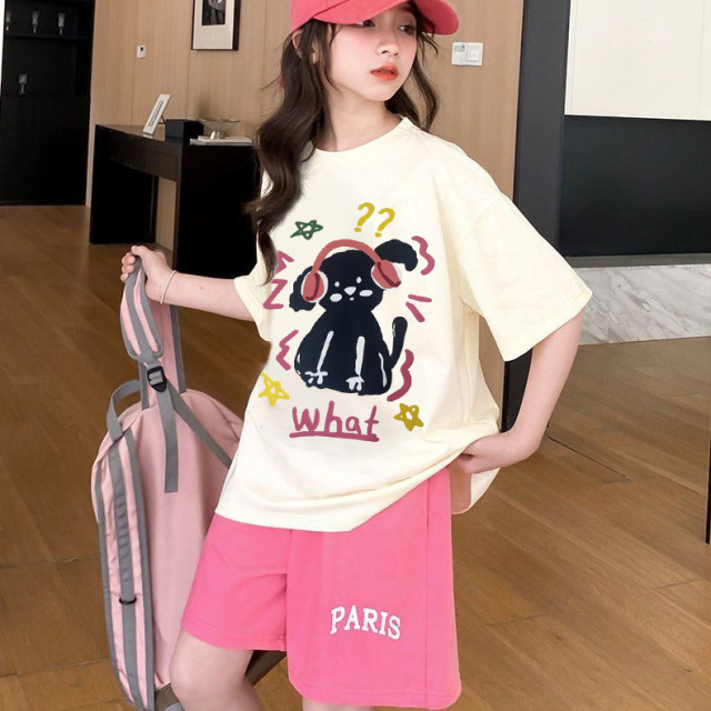 13361568.女童夏季卡通小狗印花套装 2026 新款儿童短袖短裤两件套运动套装
