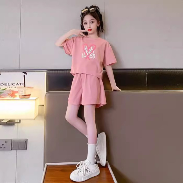 13365540.女童夏装甜酷风短款 T 恤阔腿短裤套装儿童休闲运动两件套