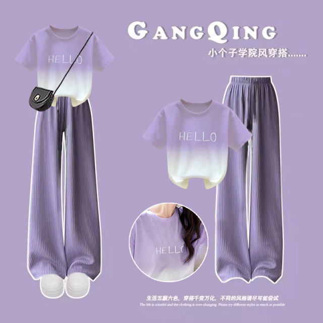 13365034.女童夏季渐变短袖格纹阔腿裤多巴胺套装 2026 新款儿童休闲运动两件套