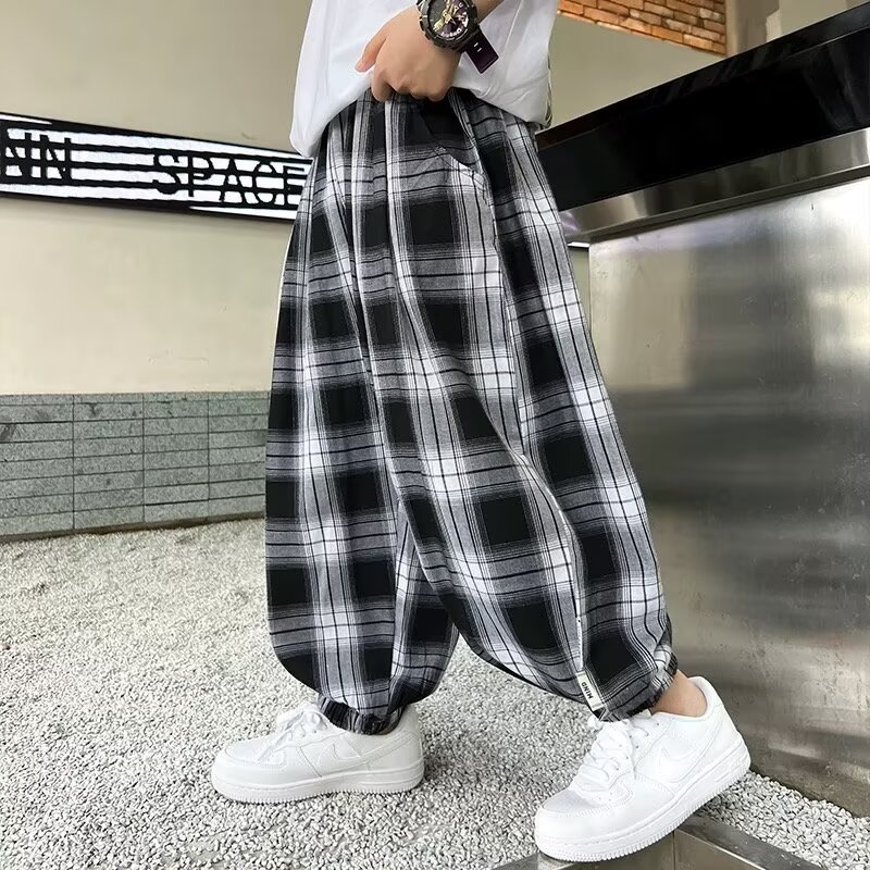 13423351.儿童夏季裤子格子防蚊裤男童女童夏季薄款束脚灯笼裤男女同款