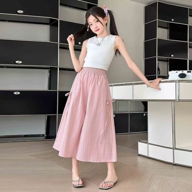 13423693.女童时髦高腰阔腿裤夏季新款蝴蝶结设计显瘦九分运动大脚裤