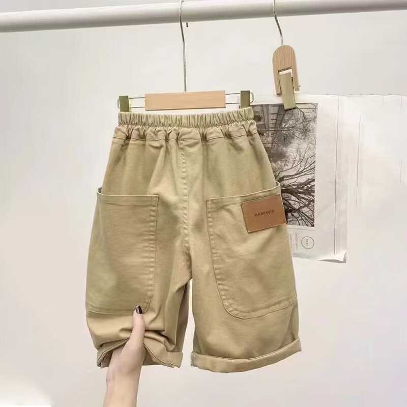 13423907.儿童韩版皮标工装短裤男童夏季纯棉透气宽松休闲运动五分裤男童裤子