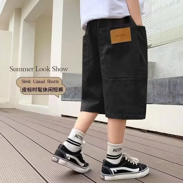 13423907.儿童韩版皮标工装短裤男童夏季纯棉透气宽松休闲运动五分裤男童裤子