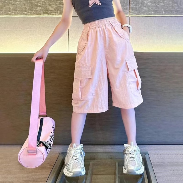 13429566.女童夏季工装七分裤薄款透气粉色儿童休闲运动裤子